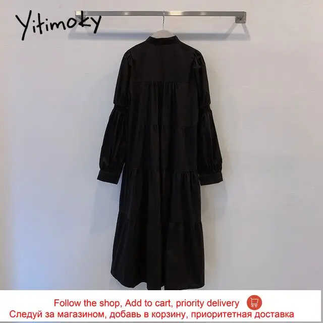 

Yitimoky Vintage High Waist Maxi Shirts Dress for Women 2021 Lantern Sleeve Stand Collar Loose Summer Clothes Korean Fashion New