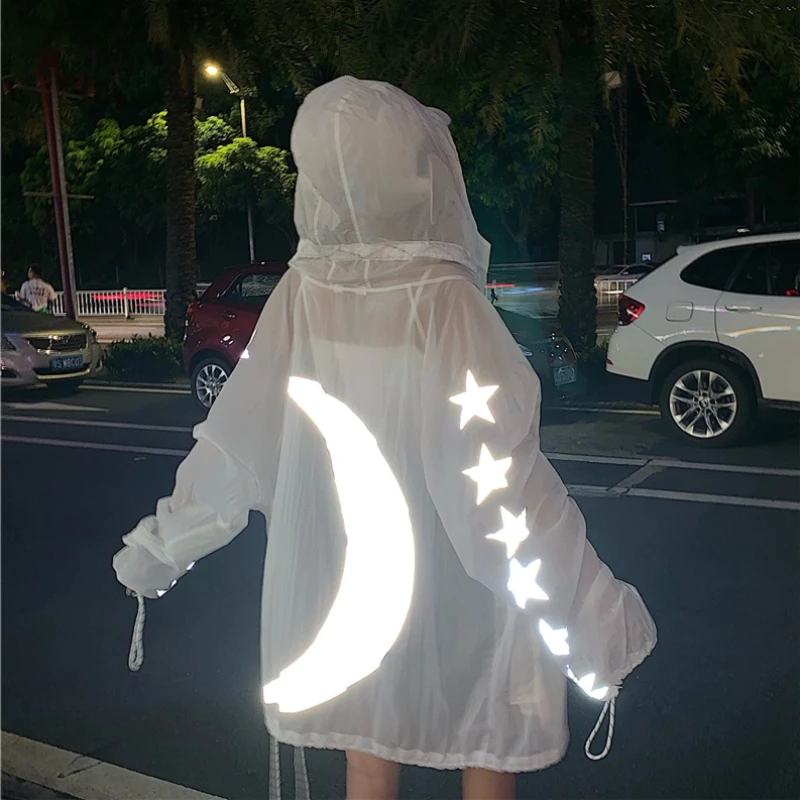 Hoodies Women Harajuku Oversized Outerwear &amp Coats Reflective Moon Stars Printed Loose Casual Hooded Swaetshirt Sun Protection |