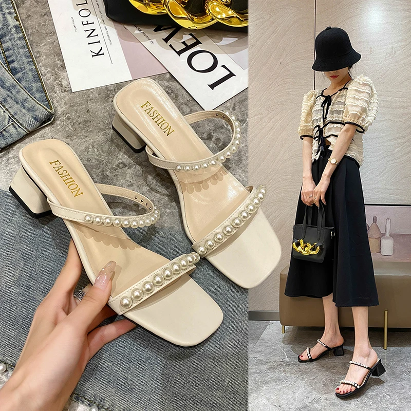 

4,5 см качественные Роскошные модные новые летние сандалии тапочки на среднем каблуке с квадратным носком классические украшения с жемчугом...