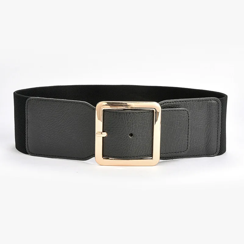 

Women Black Elastic Wide Belt Gold Silver Metal Buckle Stretchy Corset Waistband
