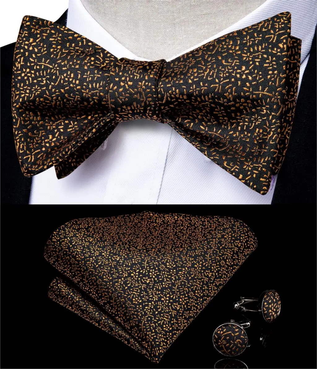 

Gold Black Floral Bowtie for Men Silk Ajustable Butterfly Hanky Cufflink Bowtie Set for Wedding Party DiBanGu Design JM-095