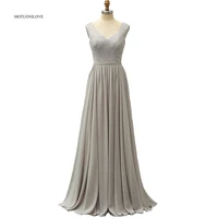 2021 new fashion silver lace long bridesmaids dresses double v neck sleeveless plus size beach cheap wedding guest party dresses