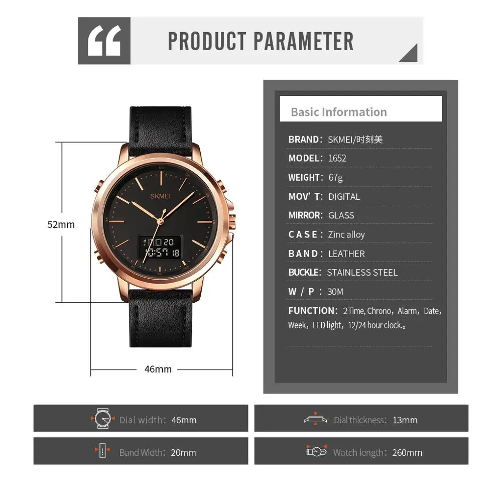 

SKMEI Dual Display Casual Watches For Men Chrono Alarm Digital Mens Wristwatch Leather Strap Waterproof Watch reloj hombre 1652