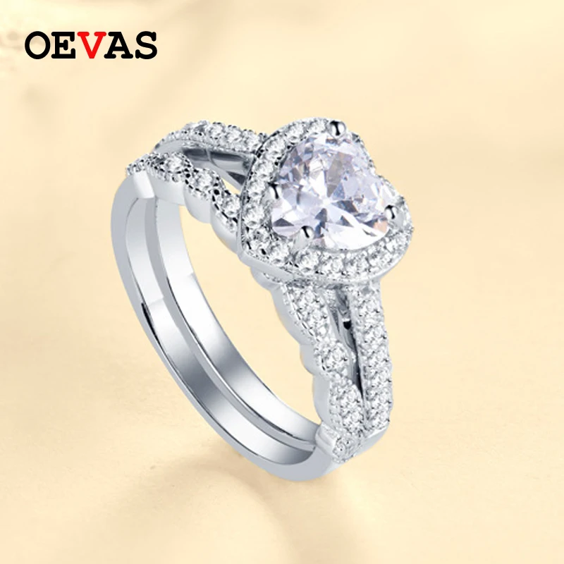 

OEVAS 100% 925 Sterling Silver Bridal Rings Set Sparkling 6.5mm High Carbon Diamond Heart Wedding Engagement Party Fine Jewelry