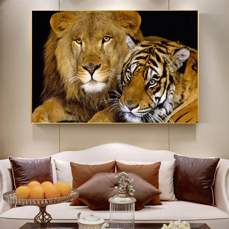 Современное животное искусство стен холст картина с львом и тигром для гостиной
