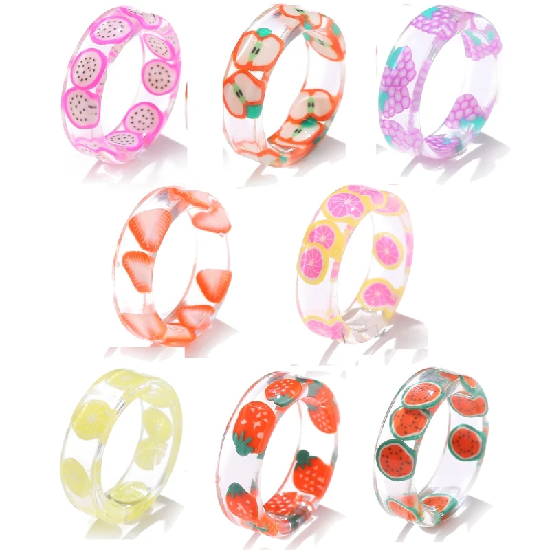 

MixMax 50pcs/Lot Cute Womens Rings Girls Fruits Pattern Resin Finger Band Party Favor Gifts Wholesale Jewelry Mix Styles