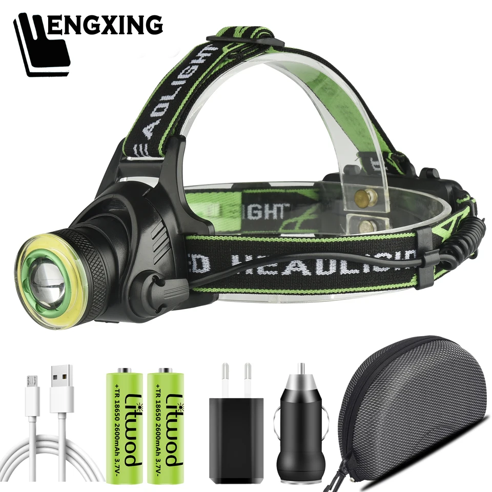 

Водонепроницаемый светодиодный фонарь XM-L T6 и COB, налобный фонарь с зумом, Головной фонарь с аккумулятором 18650, аккумулятором USB, для рыбалки, ...