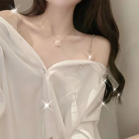Summer Chiffon Strapless Shirts Elegant Women Clothing 2022 Spring Autumn Blouse Sexy Strap T-shirt Office Lady Tops D1312