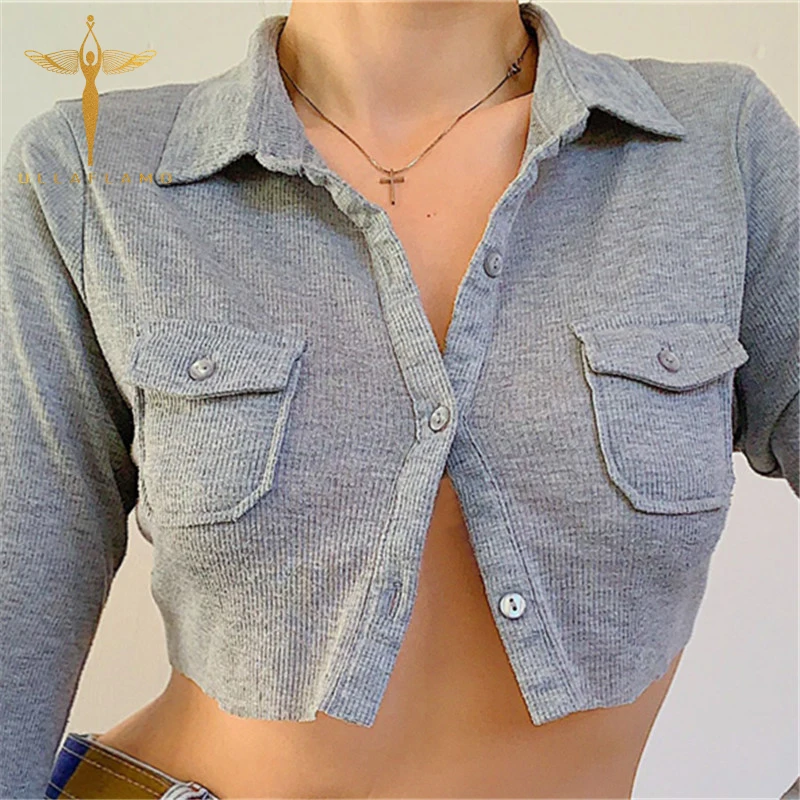 

Gray Retro Cardigan Tee-Shirt Women Turn Down Collar Pocket Chic Crop Top Sexy Ultra Short Slim T-Shirt Long-Sleeve Base Tops