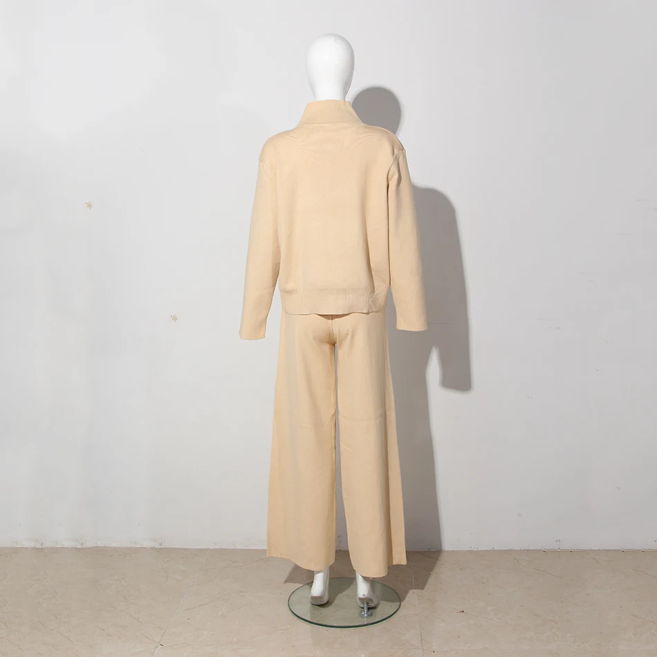 

2020 moda jesie nowy elegancki damski Casual 2 dwuczciowy FF127 garnitur seksowna dzianina Top + spodnie z szerokimi