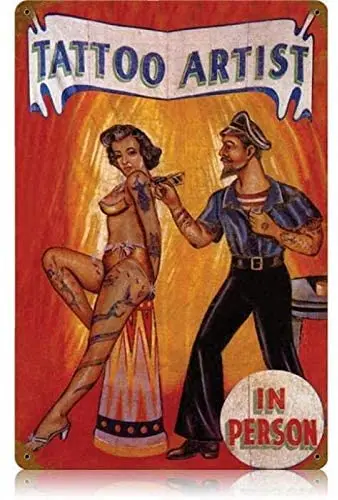 

Vintage Tattoo Artist - Pin-Up Girl Metal Tin Signs 8 x 16 Inch Sexy Wall Decor Plaque Poster for Room Garage Tavern Home Shop