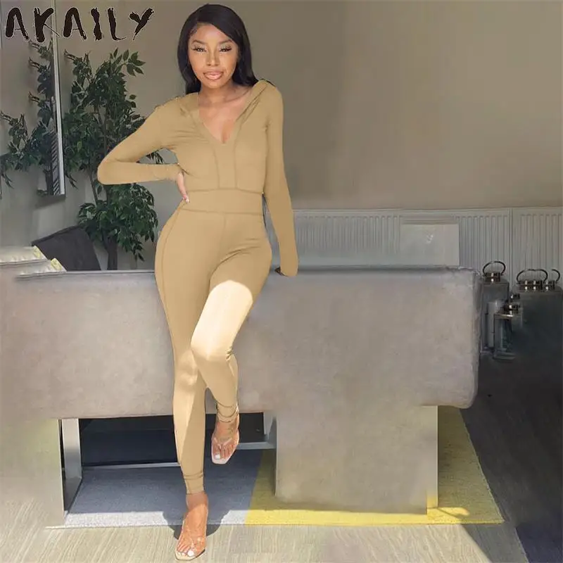 

Akaily Autumn Streetwear Black Deep V Neck Basic Jumpsuit Women Solid Slim Long Sleeve Jumpsuit Female Casual One Piece Outfit