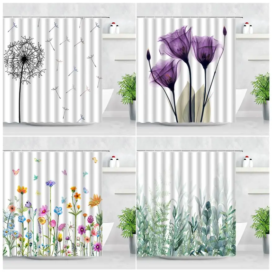 

Plant Floral Shower Curtain Dandelion Tulip Hand Painted Art Flowers Green Leaves Fashion Decor Hooks Fabric Bathroom Curtains