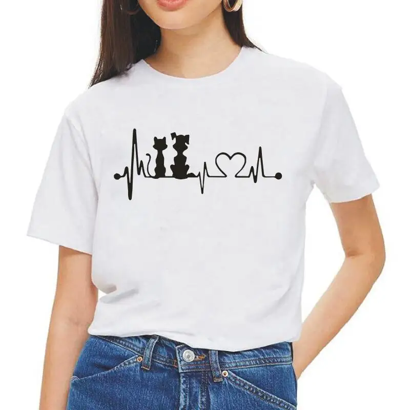 Женская футболка с принтом смешной собаки и кошки сердцебиения Повседневная