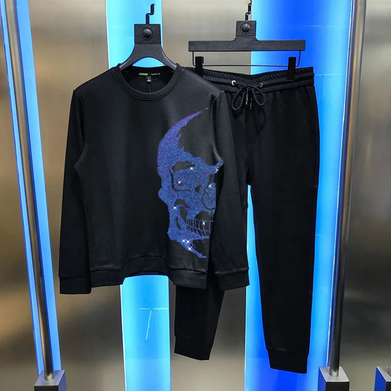 

Gradient Color Sweatshirt Design Tracksuit 2-Piece Winter Male Handsome Sets Young Pullover Brand Diamond Skull Men