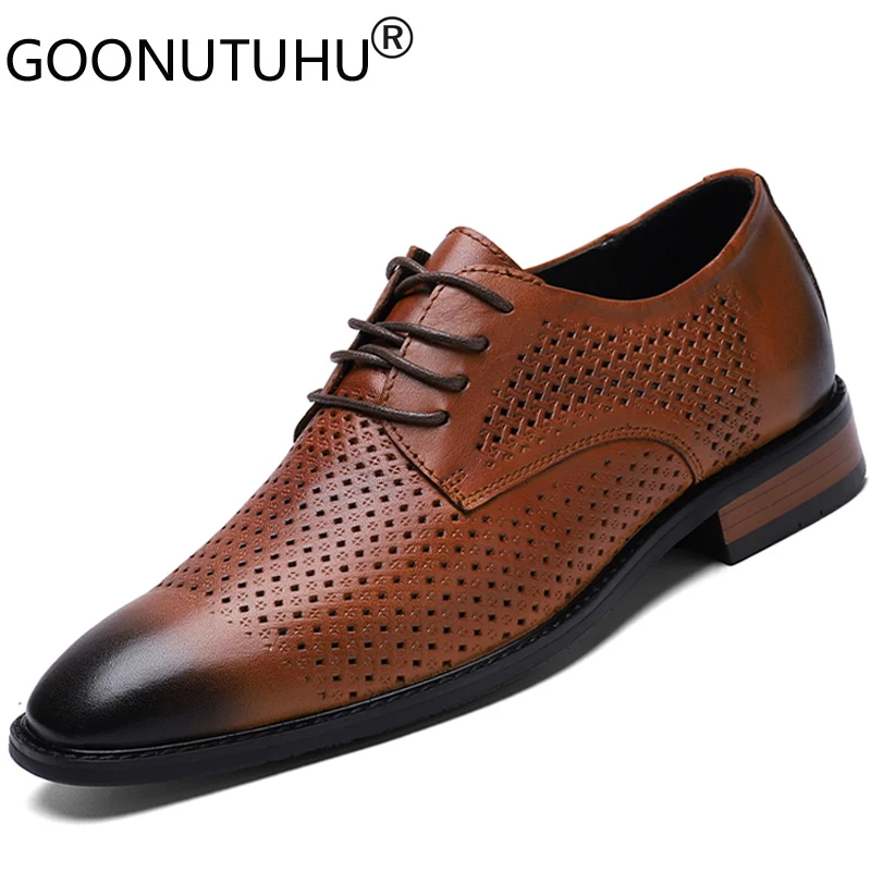 Summer Men's Shoes Dress Genuine Leather Breathable Hollow Classics Lace Up Shoe Man Nice Party Work Offcie Formal Shoes For Men