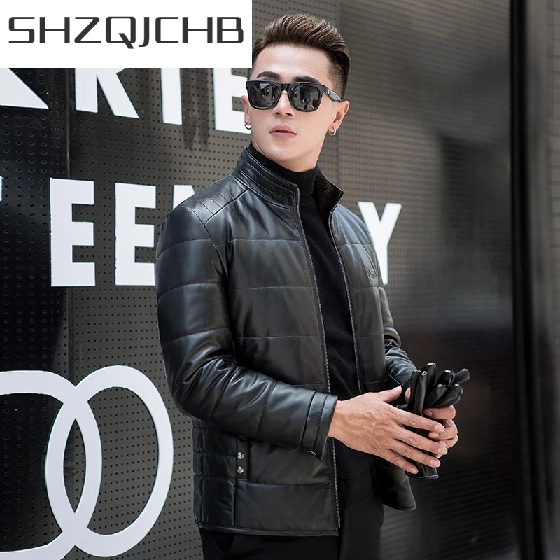 

JCHB 2021 Winter Mens 100% Real Leather Down Jacket Stand Collar Slim Fit Warm Bikers Outerwear Coat Sheepskin Genuine Leather J