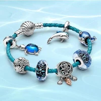 100 s925 sterling silver summer ocean series blue secret fish starfish turtle glass shell leather fashion pan bracelet female