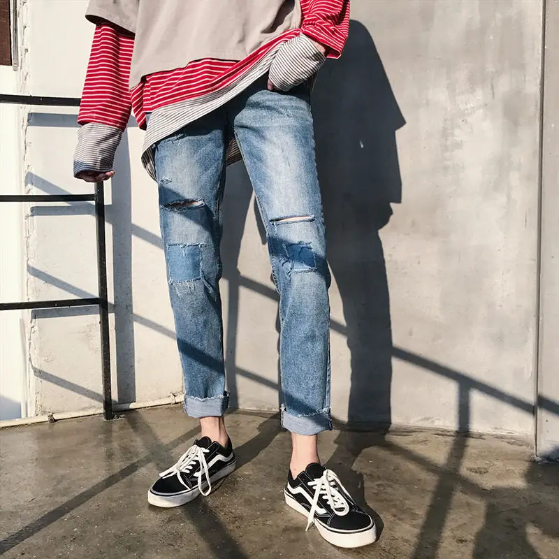 

2020 Spring And Summer New Youth Popular Men's Loose Hole Patch Solid Color Jeans Fashion Casual Straight Pants Blue M-2XL