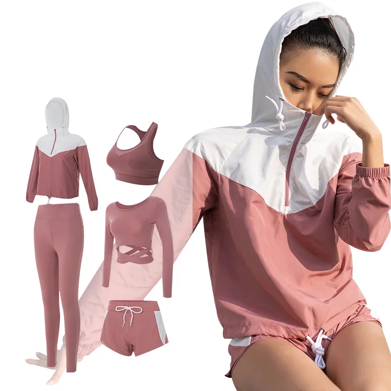 

Women yoga 5 piece set hooded coats+sexy bra+t shirt+shorts+pants fitness gym sportswear clothing outdoor running suit sets