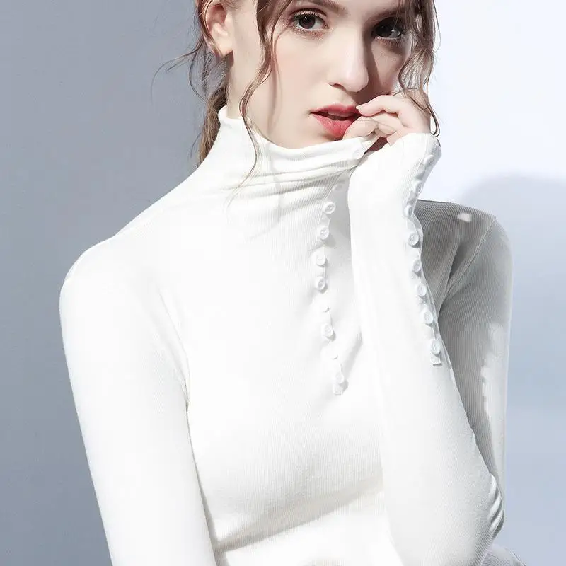 

ZITY Size S -3xl Women Turtleneck Buttons Long Hooking Sleeve Tee Shirts Girls High Quality Elastic Tops Tees Female T -Shirts