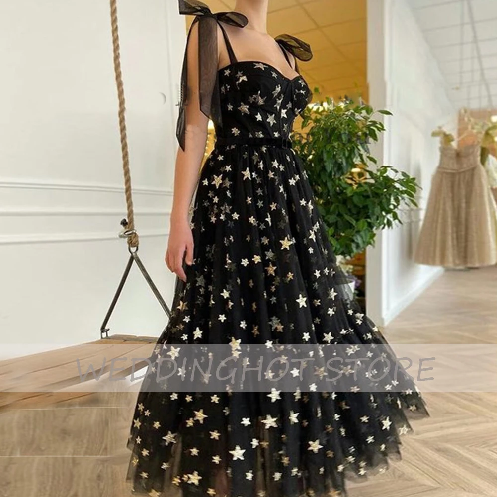 

Sparkle Gold Starry Evening Dresses Luxury 2021 Tulle Black Straps Velour Belt Tea Length Sexy Prom Gowns vestidos de fiesta