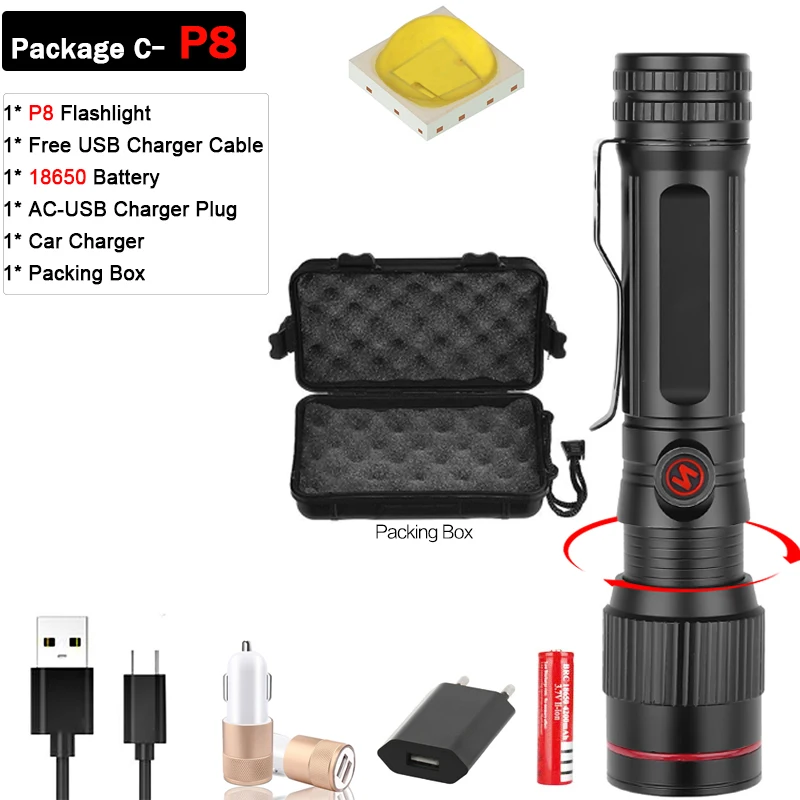Package C-P8 XHP90 XHP70.2 светодиодный фонарик с зарядкой от USB фонарик с зумом светодиодный фонарь Водонепроницаемый фонарь для охоты фонарик супер яркий - Испускаемый цвет: Package C-P8