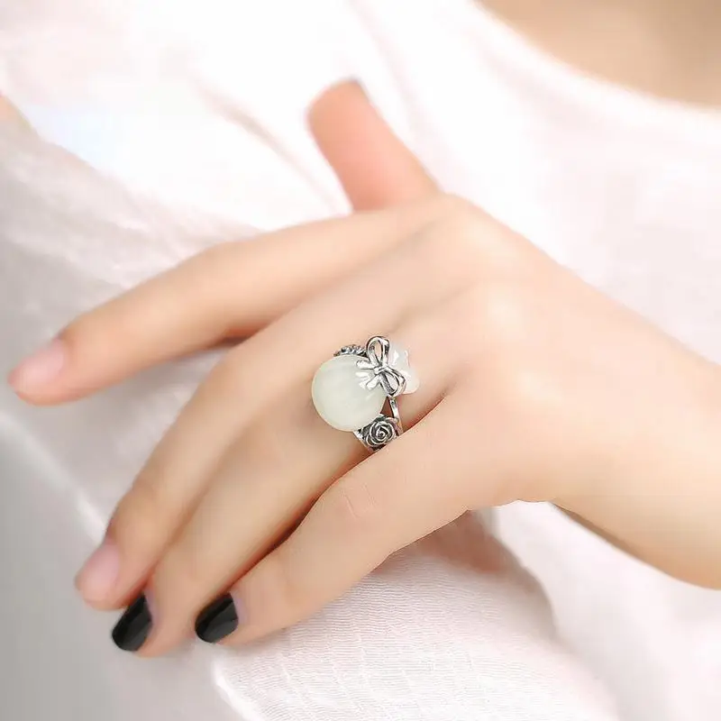 

Natural Hetian Jade S925 Sterling Silver Ring Opening Lucky Bag Finger Ring Ornament Retro Opening to Give Mom