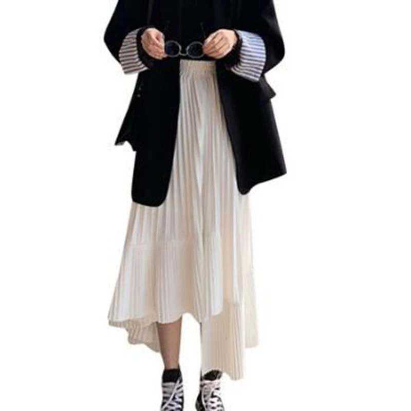 

2020 Spring Autumn New Arrival Korean Loose Irregular Skirt Sweet Pleated Chiffon Skirt Black High waist Skirts Free Shipping