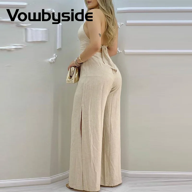 

Lace Trim Buttoned Backless Slit Jumpsuit Sexy Sleeveless Summer Jumpsuit Overalls for Women