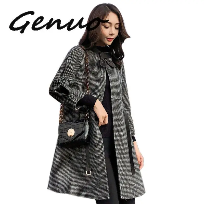 

Woolen Coat Women's Long Section Spring And Autumn Korean Version Of The A Word Version Of The Houndstooth Cloak Woolen Coat