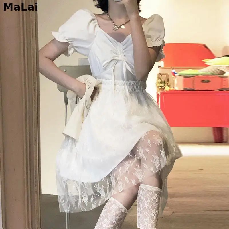 

Korean Style Basic Vingate Dresses Evening Chiffon Lace 2021 Summer Y2K Women Bandage Design V-Neck Elegant Casual Beach Dress