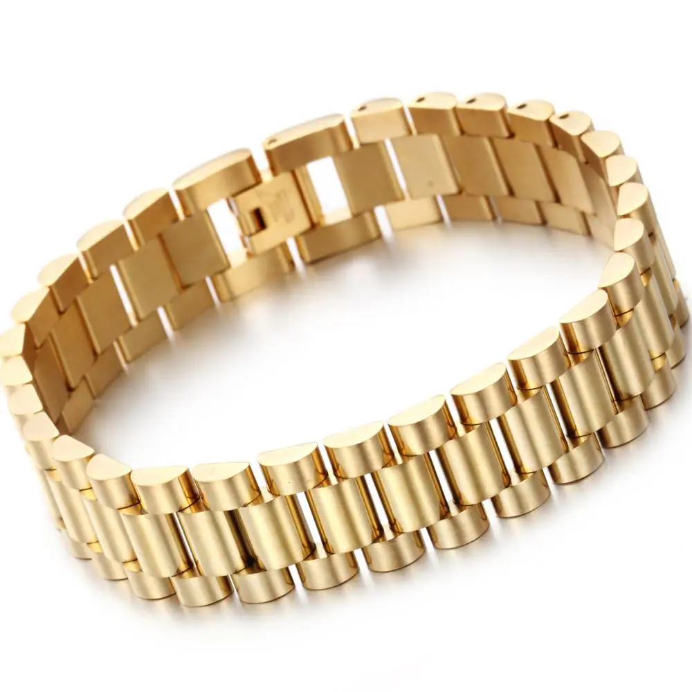 

Браслет с металлическими звеньями из нержавеющей стали 15 мм для мужчин, Роскошные браслеты золотого тона жесткий браслет, мужские украшени...