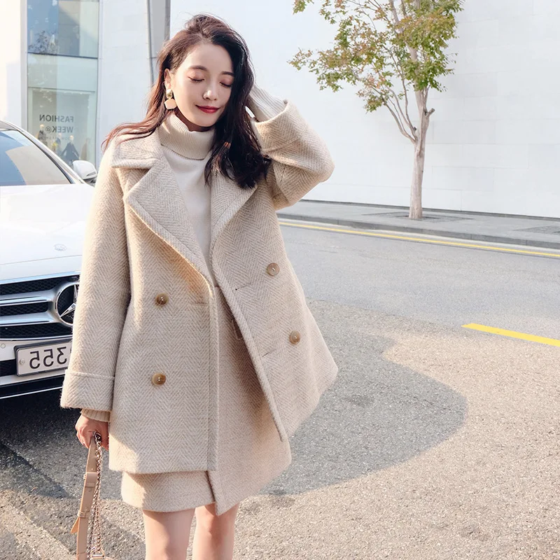 

Winter Autumn Two-piece Set Wool Blend Thicken Med Long Overcoat Casual Loose Trench Coat Jackets Outwear and Skirts