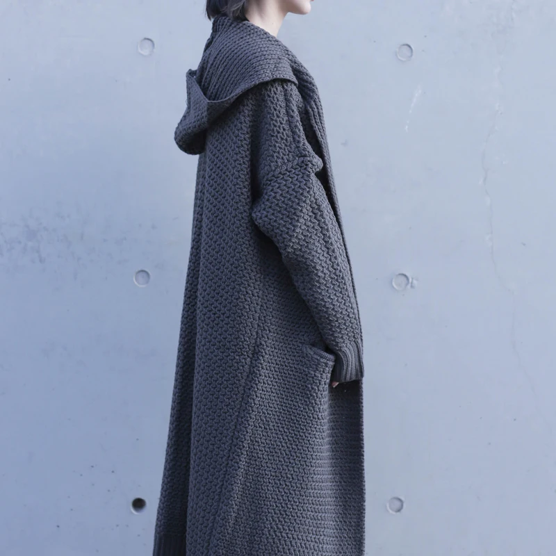 2019 Winter Women Poncho Long Sleeve Oversize Knitted Thick Dark Gray Cardigans Coat Hooded Sweater Jumper Cape |