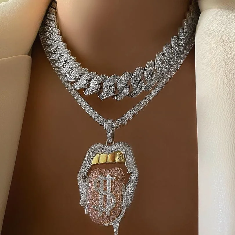 

Hip Hop Mouth Shape Pendant Necklace With 13mm Cuban Chain Hiphop Iced Out Bling Necklaces Fashion Charm Jewelry For Men Women