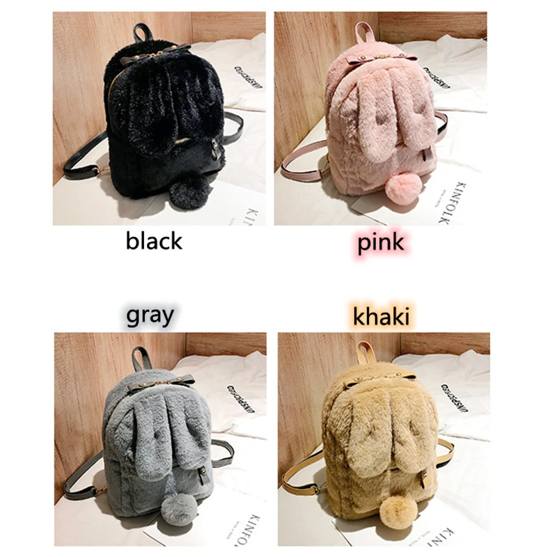 Mini Furry Fluffy Plush Schoolbag Winter Furry Rabbit Ear Backpack Cute Girls Shoulder Bag Women Travel Bag All-match