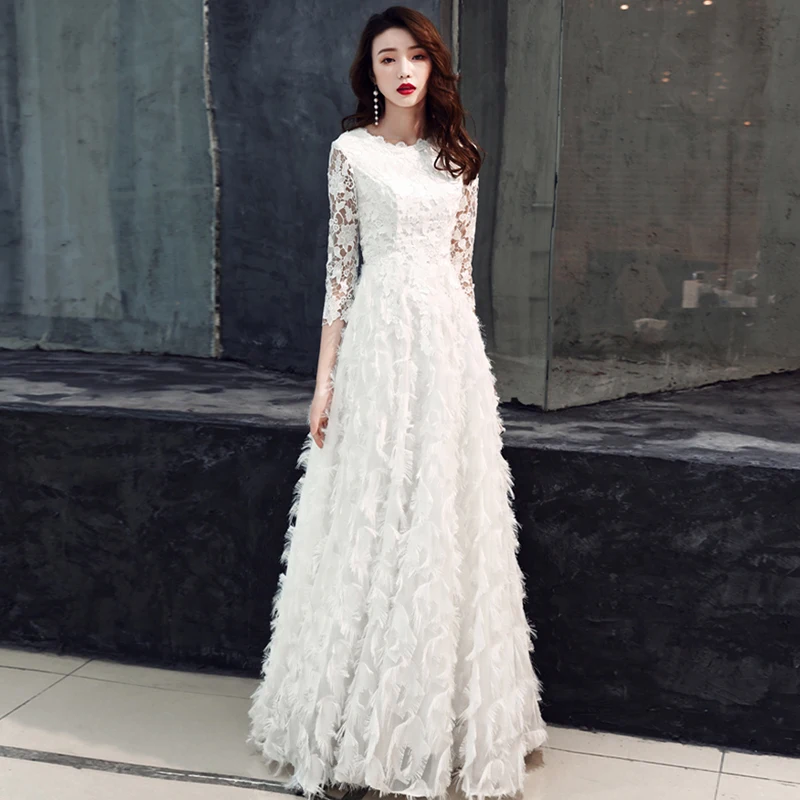 

White Floral Print Evening Dress O-Neck Three Quarter Sleeves Empire Floor-Length Fashion A-Line Woman Formal Party Gowns A1153