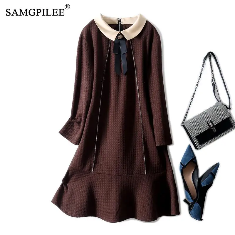 

Winter Dress Women 2021 New Casual Trumpet Mermaid Plaid Wrist Knee-length Peter Pan Collar Korean Style Ladies Dresses 4XL
