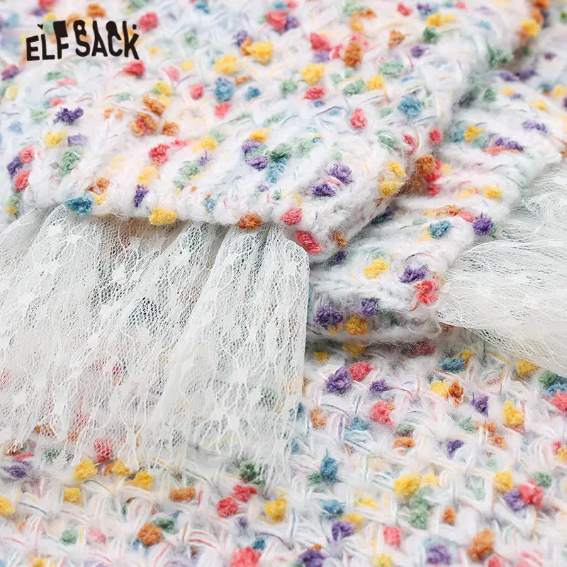 ELFSACK, разноцветный, в горошек, контрастный, кружевной пуловер, женский свитер, осень, цветные, в стиле пэчворк, с рукавами-воланами, женские топы