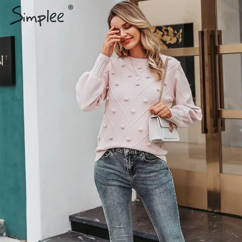 Simplee Elegant fur pompon women sweater Autumn winter lantern sleeve knitted female Streetwear ladies pullover jumper | Женская одежда