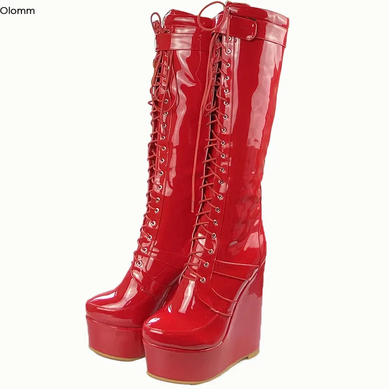 Jual Olomm Buatan Tangan Cincin Lutut Tinggi Sepatu Boot Wedges Sepatu Hak Tinggi Ujung Bulat Merah Cantik Club Memakai Sepatu Wanita Plus Ukuran US 5-20
