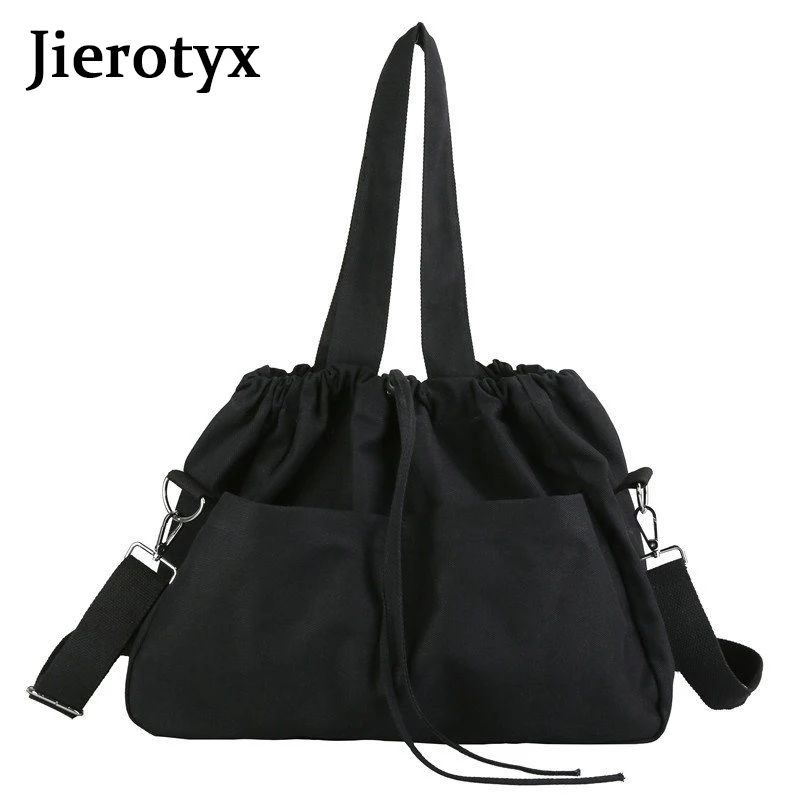 

JIEROTYX Drawstring Casual Cancas Tote Bag For Women Ladies Shopping Crossbody Bags For Women 2020 High Quality Black Gray