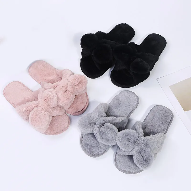 

COOTELILI Women Home Slippers With Faux Fur Flat Shoes Winter Shoes Keep Warm Shoes For Woman Flats Bow Basic Slipper 36-41