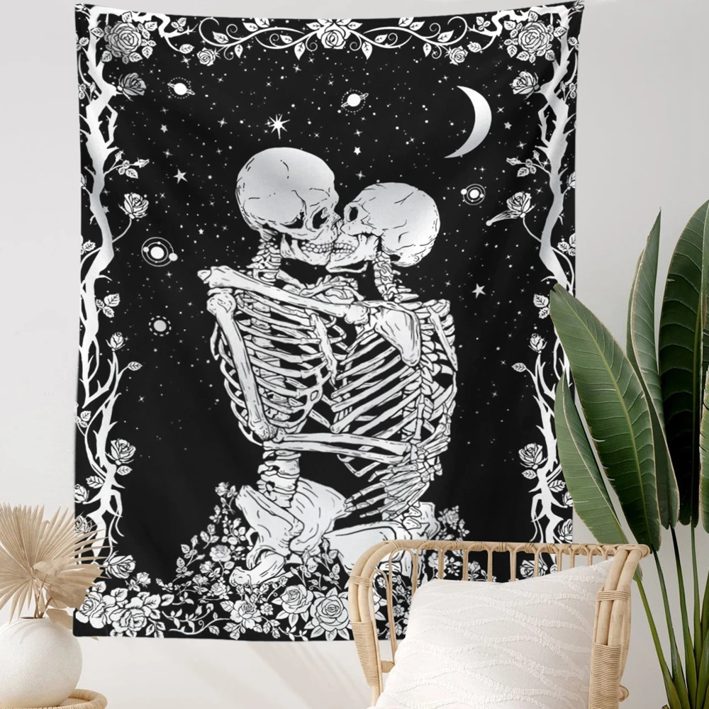 Kiss Skull Tapestry Wedding Moon Skeleton Starry sky Black and White Stars for Room | Дом и сад