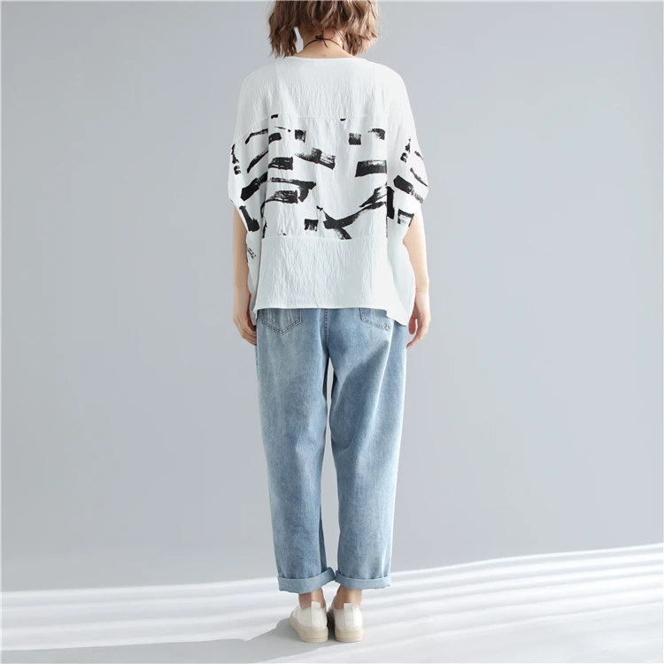 Женская футболка с рукавом летучая мышь Свободный Топ из хлопка и льна