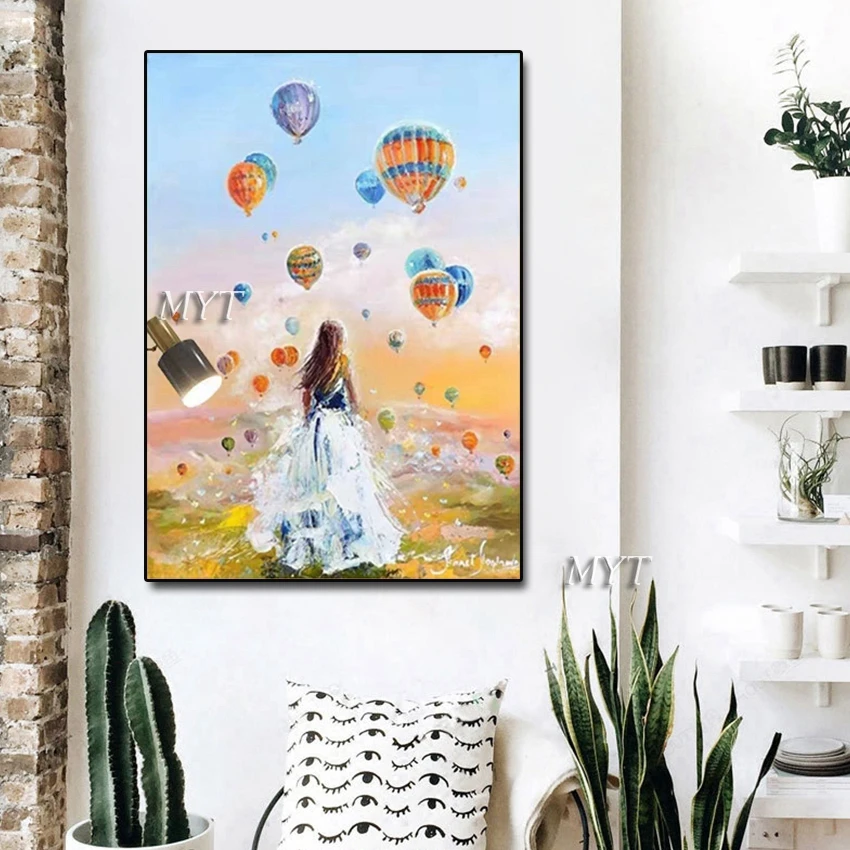 

100% Hand-painted New Girl Picture Art Oil Painting Wall Art Hot Air Balloon Artwork Home Bedroom Decoration Piece Paintings