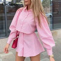 cosomina plaid y2k women shorts set puff sleeve crop shirt and wide leg shorts two pieces one suit summer loungewear short kit