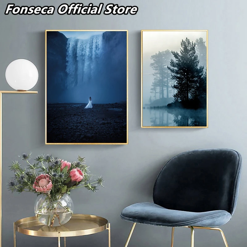 Водопад пляж Туманный лес пейзаж Картина природный Искусство на холсте в