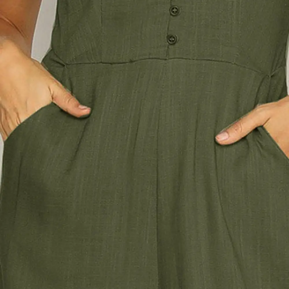 Женский однотонный комбинезон из хлопка и льна с короткими рукавами v-образным